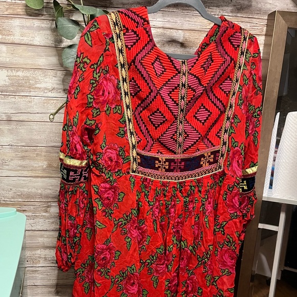 Free People Bold Blooms Embroidered Dress oversized red gold - Picture 7 of 12